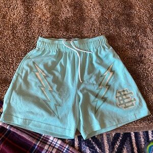 Eric Emanuel Light Aqua Athletic Mesh Shorts with Lightning Print Size Medium